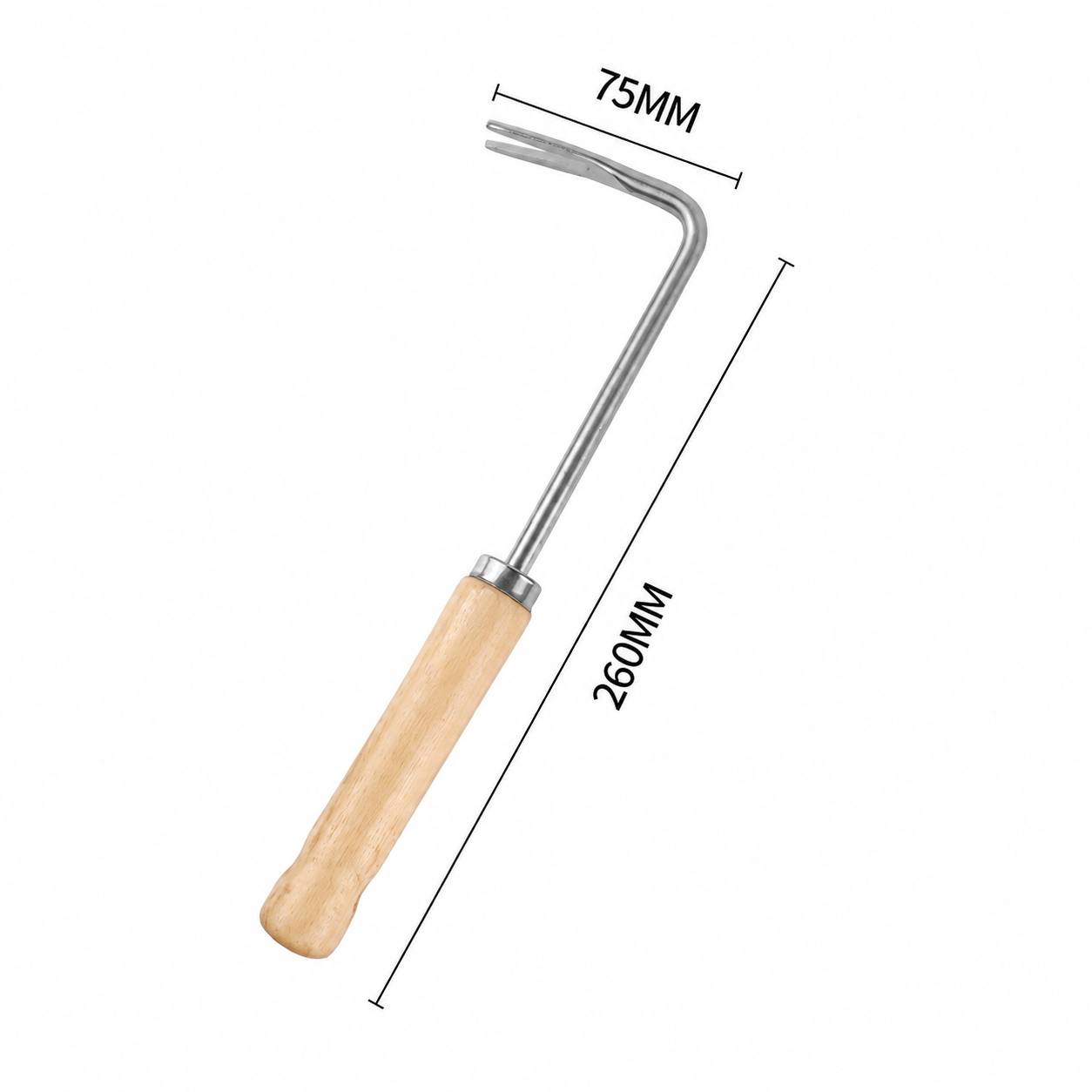 Metal weed-pulling tool with the dimensions specified.