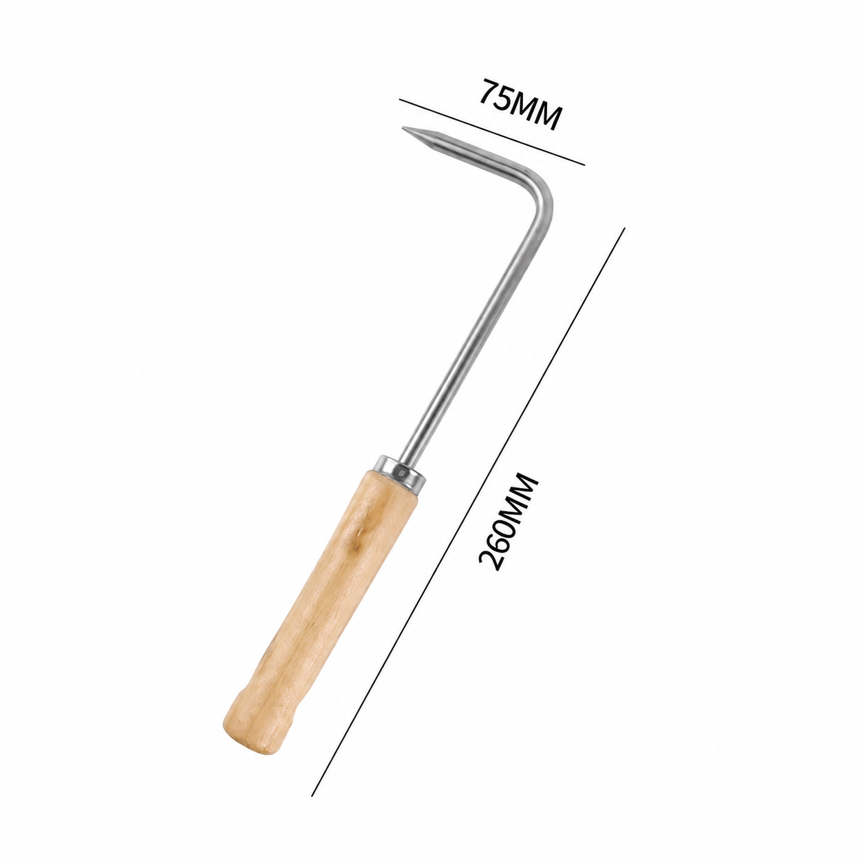 Metal soil-loosening tool with the dimensions specified.