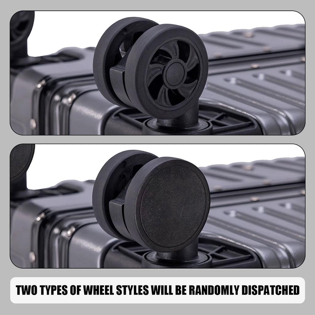 Two types of suitcase wheels shown on a gray background with text indicating randomness.