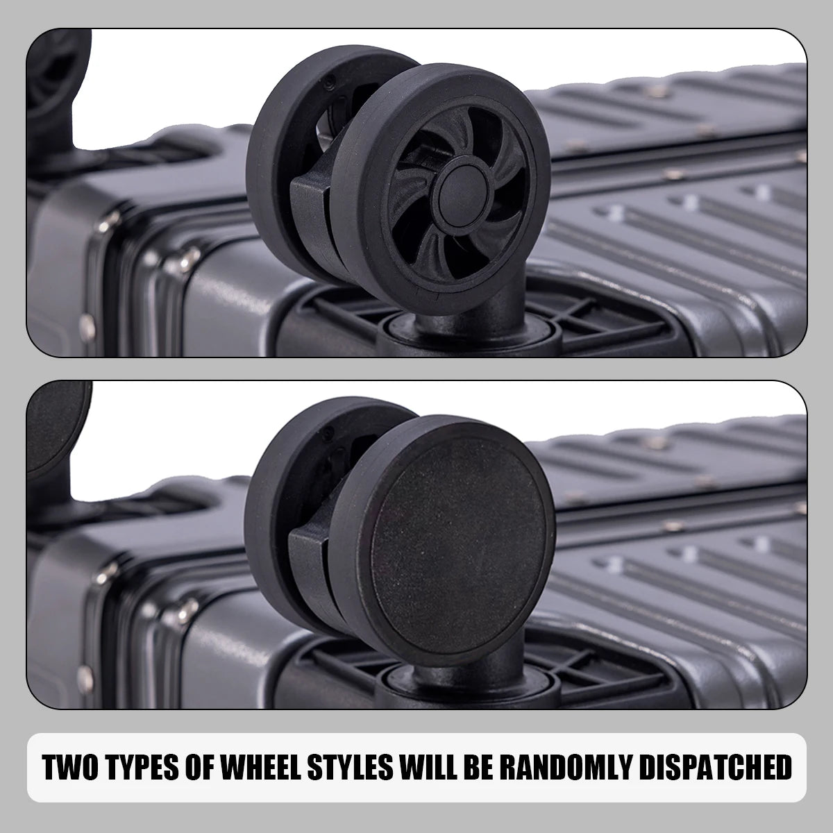 Two types of suitcase wheels shown on a gray background with text indicating randomness.