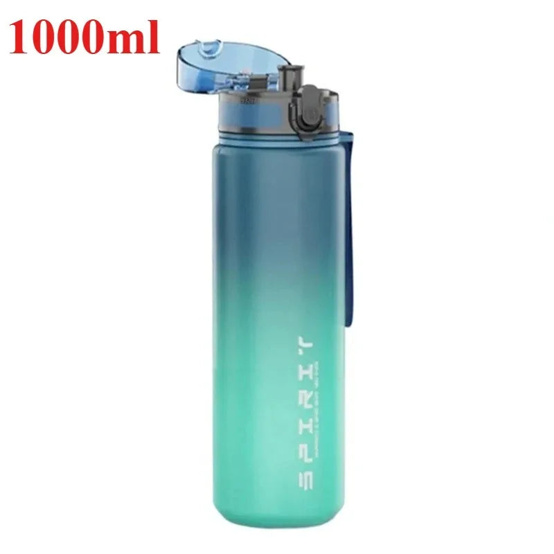 Gradient blue and green water bottle with 'SPIRIT' branding on a white background