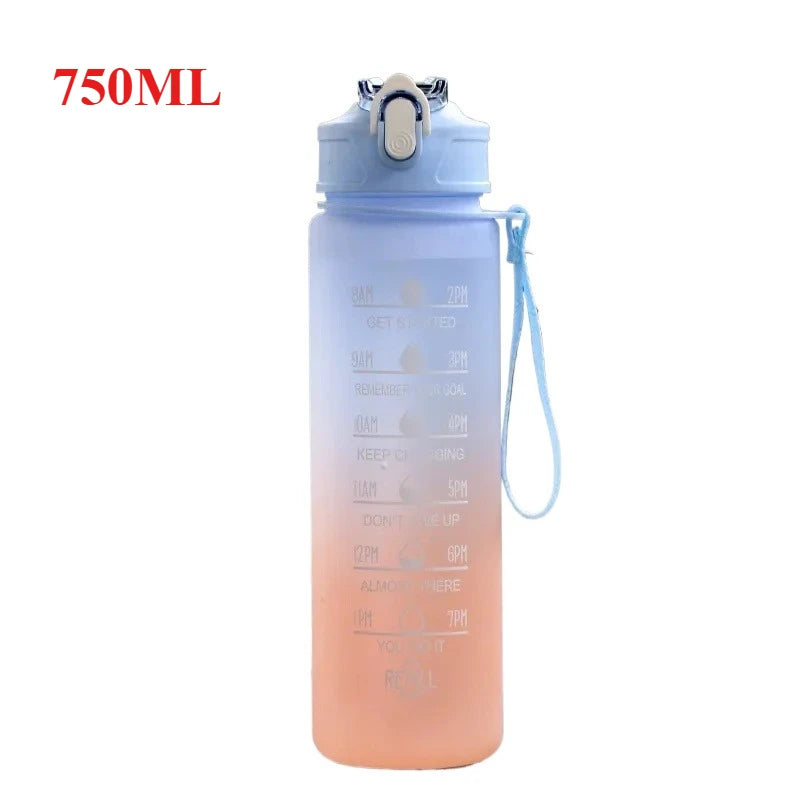 Gradient blue to pink water bottle with measurement markings and a handle on a white background.