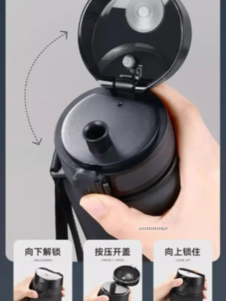 Black container with lid being opened by a hand, with instructions below.