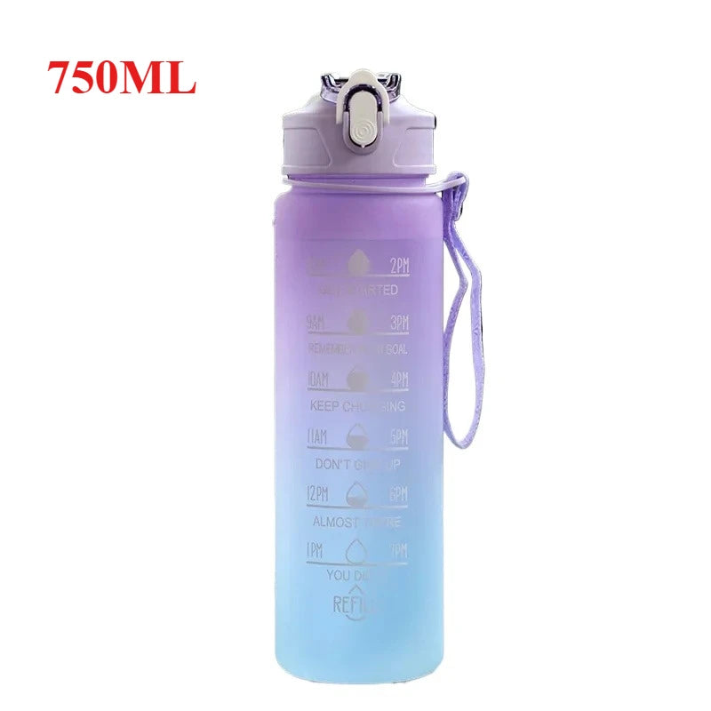 Gradient purple to blue water bottle with measurement markings and a white cap on a white background.