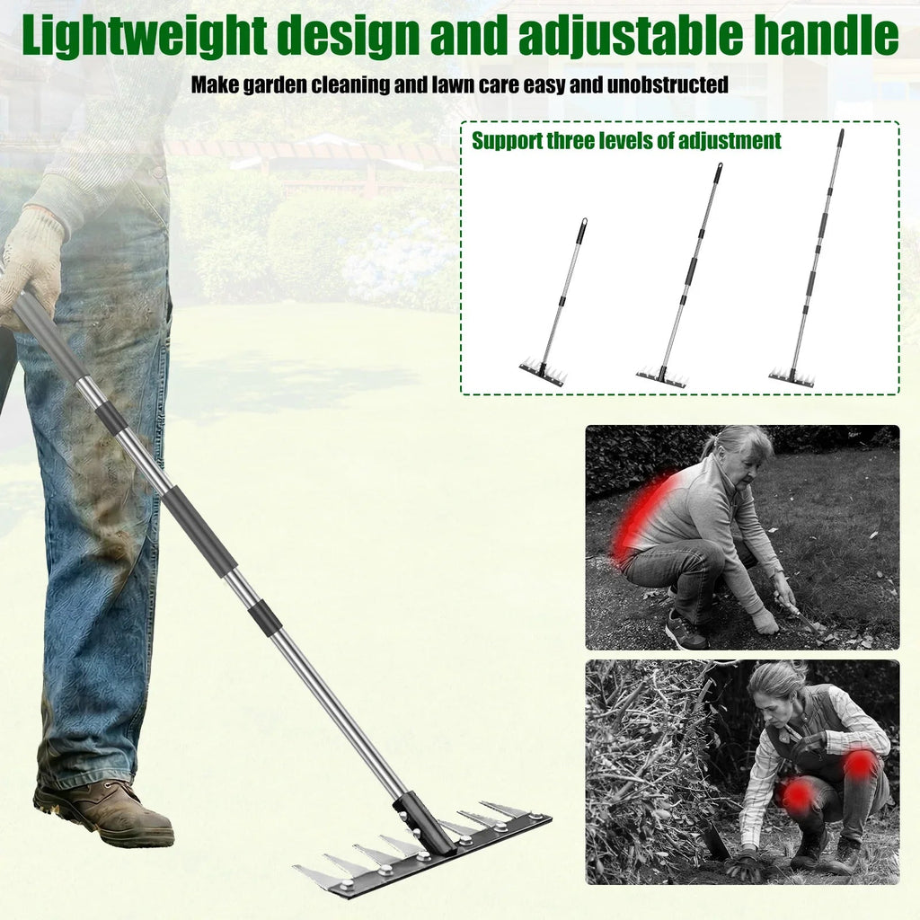 Detachable Multi-Tooth Garden Rake Hardened Manganese Steel Head 3-Length Adjustable Handle 8-Prong Design for Efficient Weeding TitanTide