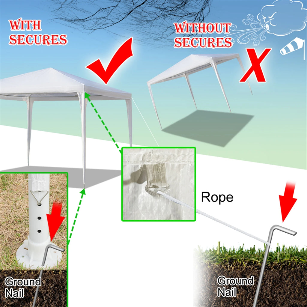 Comparison of a canopy with and without secure fasteners, showing the difference in stability.