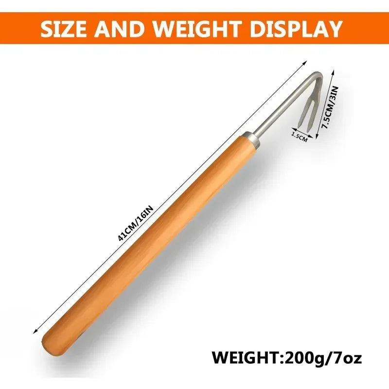 A wooden-handled metal crochet hook shown on a white background with orange and black text reading 'SIZE AND WEIGHT DISPLAY' and measurements for length and hook tip, plus 'WEIGHT:200g/7oz'.