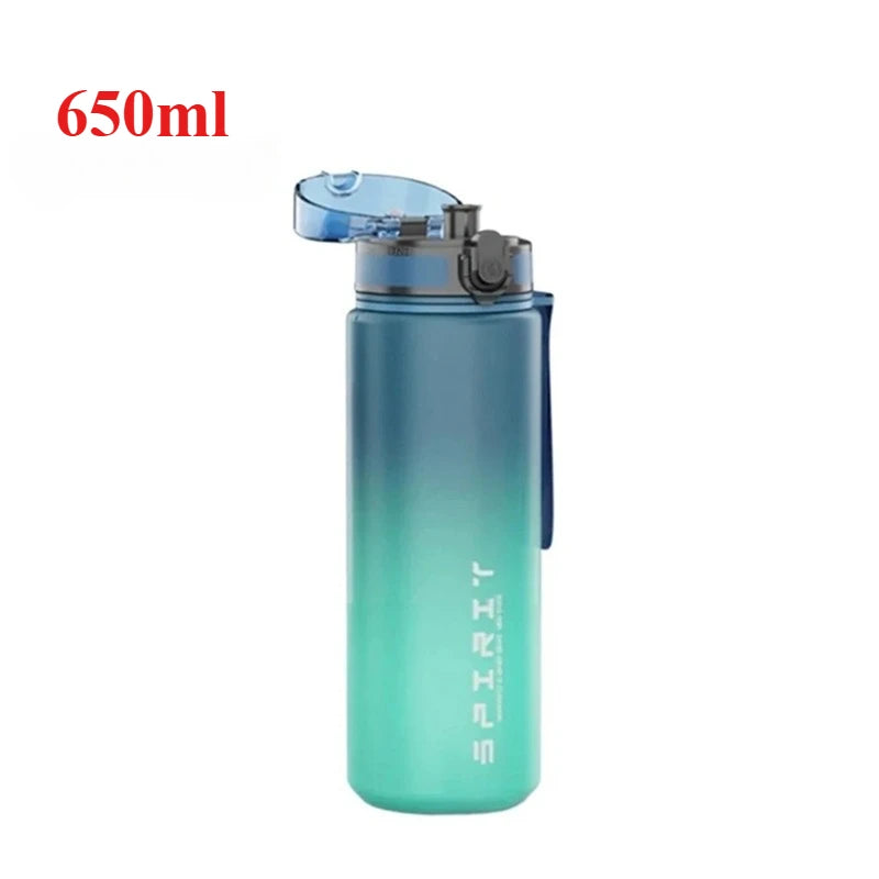 Gradient blue and green water bottle with 'Sprit' branding on a white background