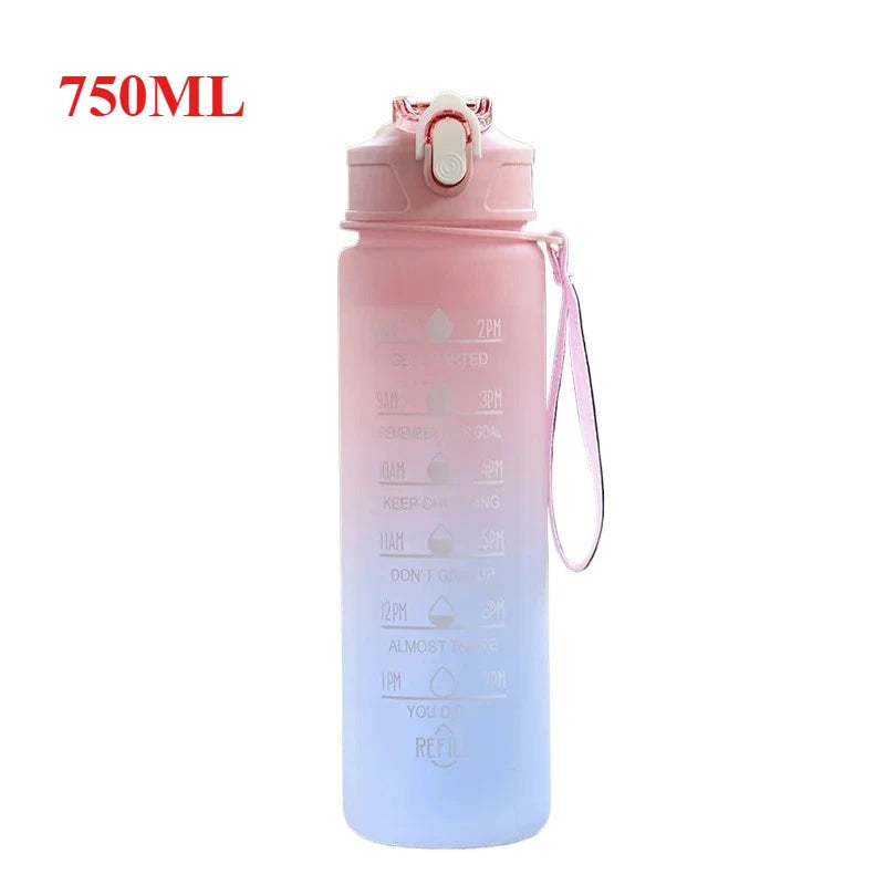 Gradient pink to blue water bottle with a handle and motivational quotes, 750ML label.