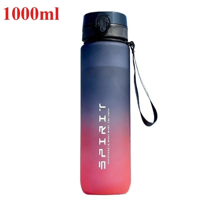 Gradient blue to pink water bottle with 'Sprit' branding on a white background