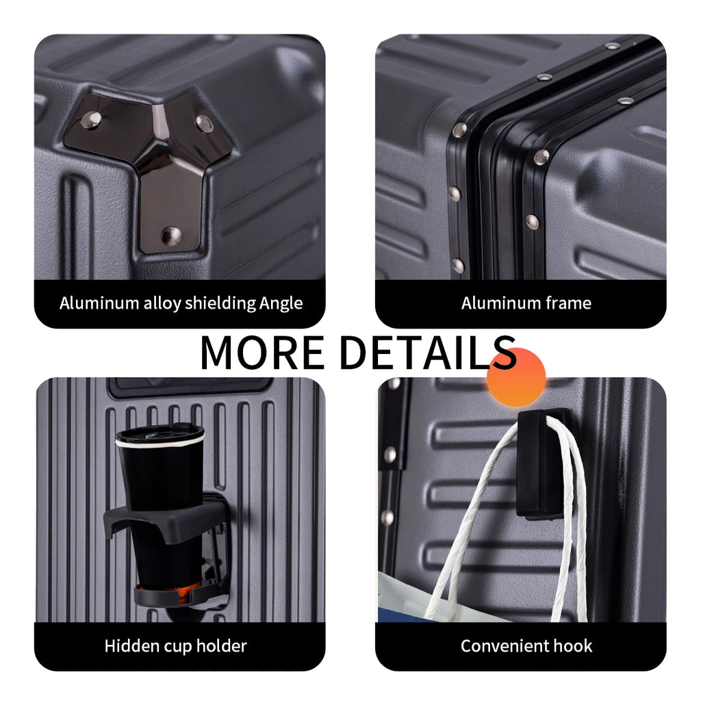 Collage of a suitcase with features highlighted, including an aluminum alloy shielding angle, aluminum frame, hidden cup holder, and convenient hook.