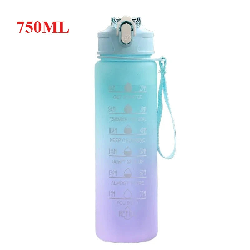 Gradient blue to purple water bottle with measurement markings and a handle on a white background.