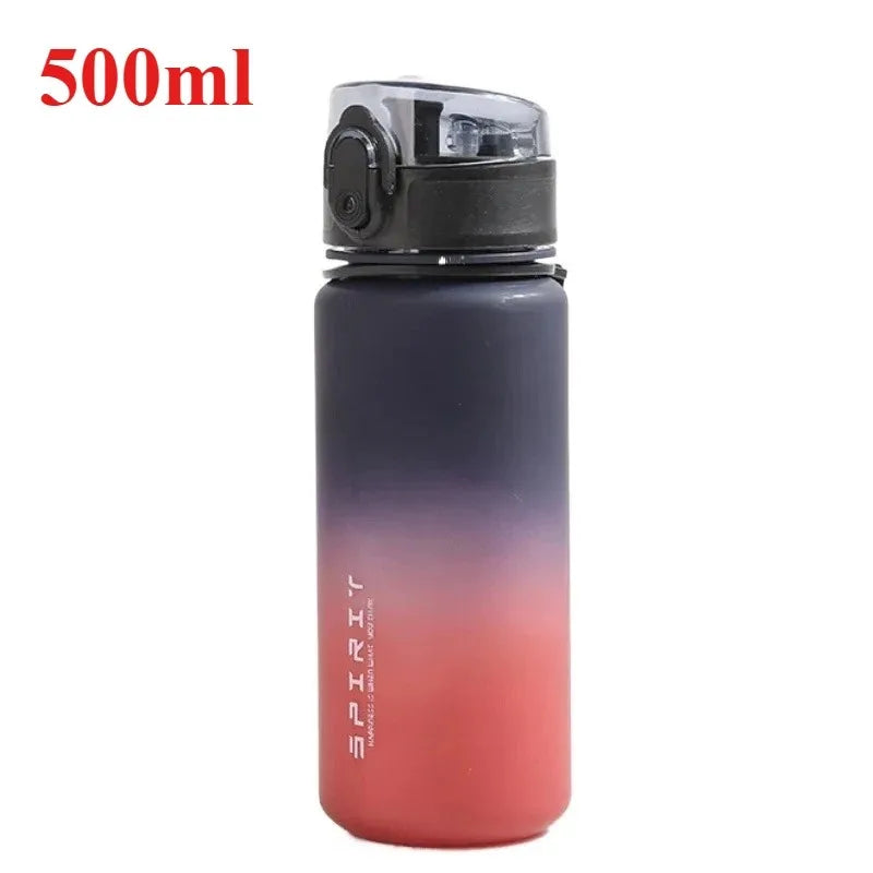 Gradient water bottle with black and red design on a white background, labeled '500ml'.