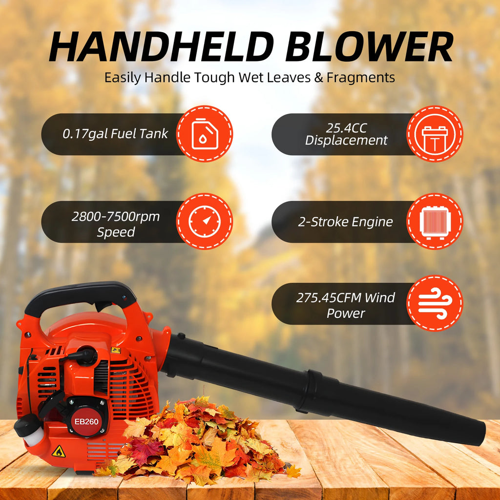750W 7000rpm Gas Powered Leaf Blower 2 Stroke Engine 25.4CC 275.45CFM Air Volume 0.65L Oil Tank Blower Wind Snow Blower TitanTide