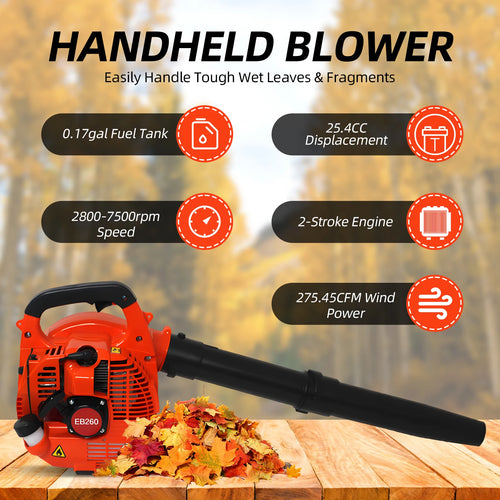 750W 7000rpm Gas Powered Leaf Blower 2 Stroke Engine 25.4CC 275.45CFM Air Volume 0.65L Oil Tank Blower Wind Snow Blower TitanTide