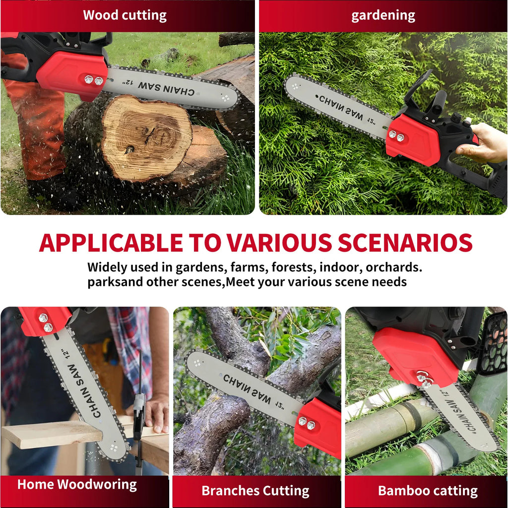 12" Cordless Chainsaw Handheld Electric 1800W 21V Brushless One-Handed Power Tool Two1.5Ah Batteries Tree Branch Wood Cutting