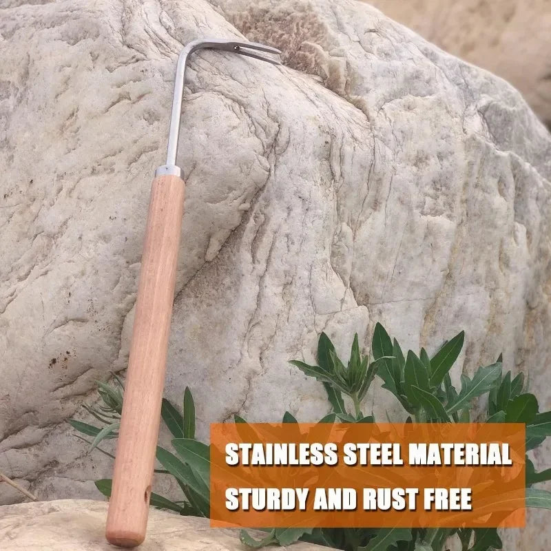 Hand tool with wooden handle and metal head on a rock background, featuring text about material and features.