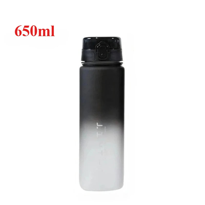 Gradient black to white water bottle with black cap on a white background, labeled 650ml.