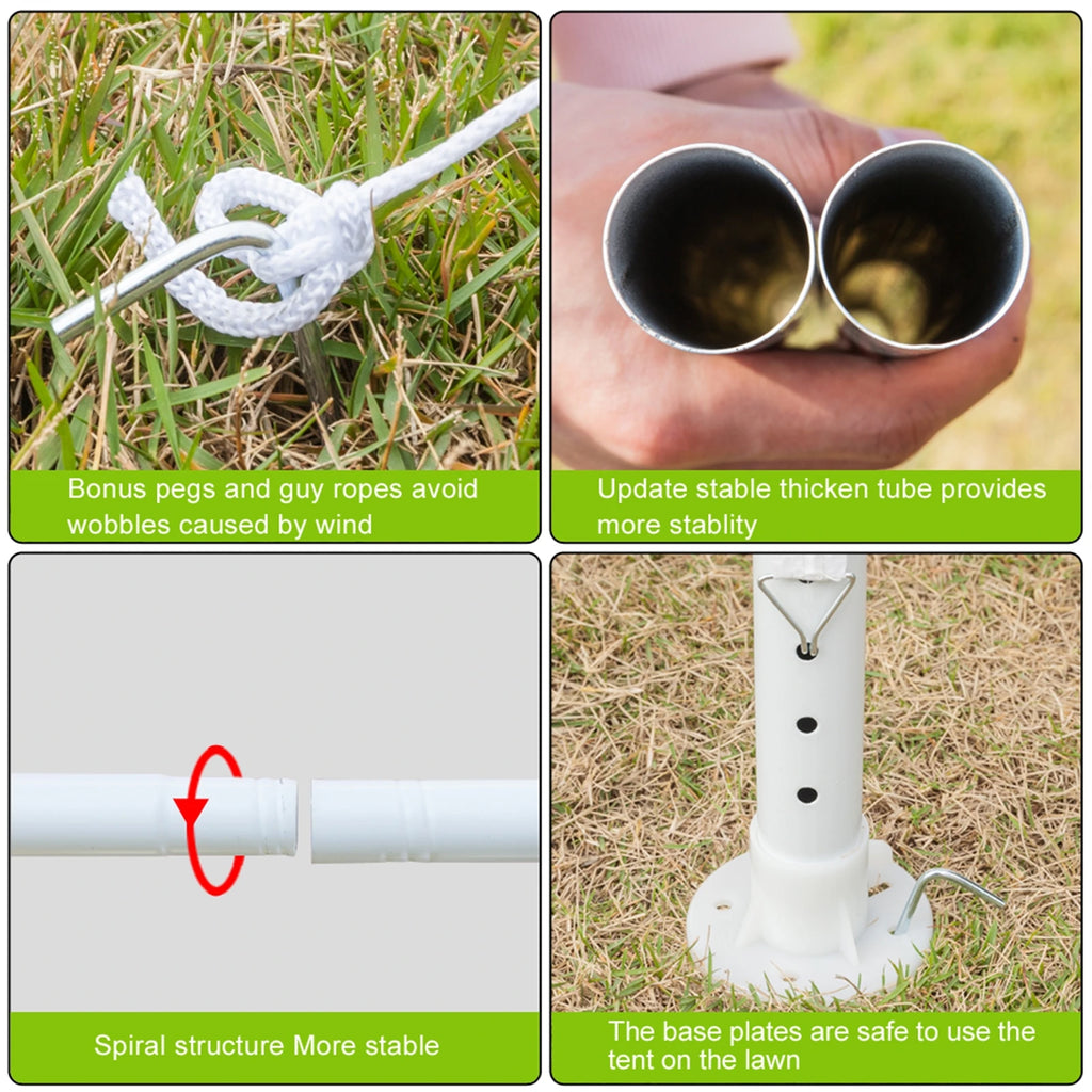 Collage of tent stakes with text highlighting features on grass.