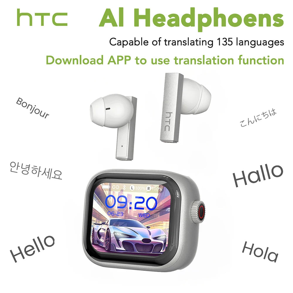 HTC Original AI Translator Wireless Bluetooth Earphones NE40 LED Touch Screen Earbud HiFi Sound Noise Reduction Sports Headphone TitanTide