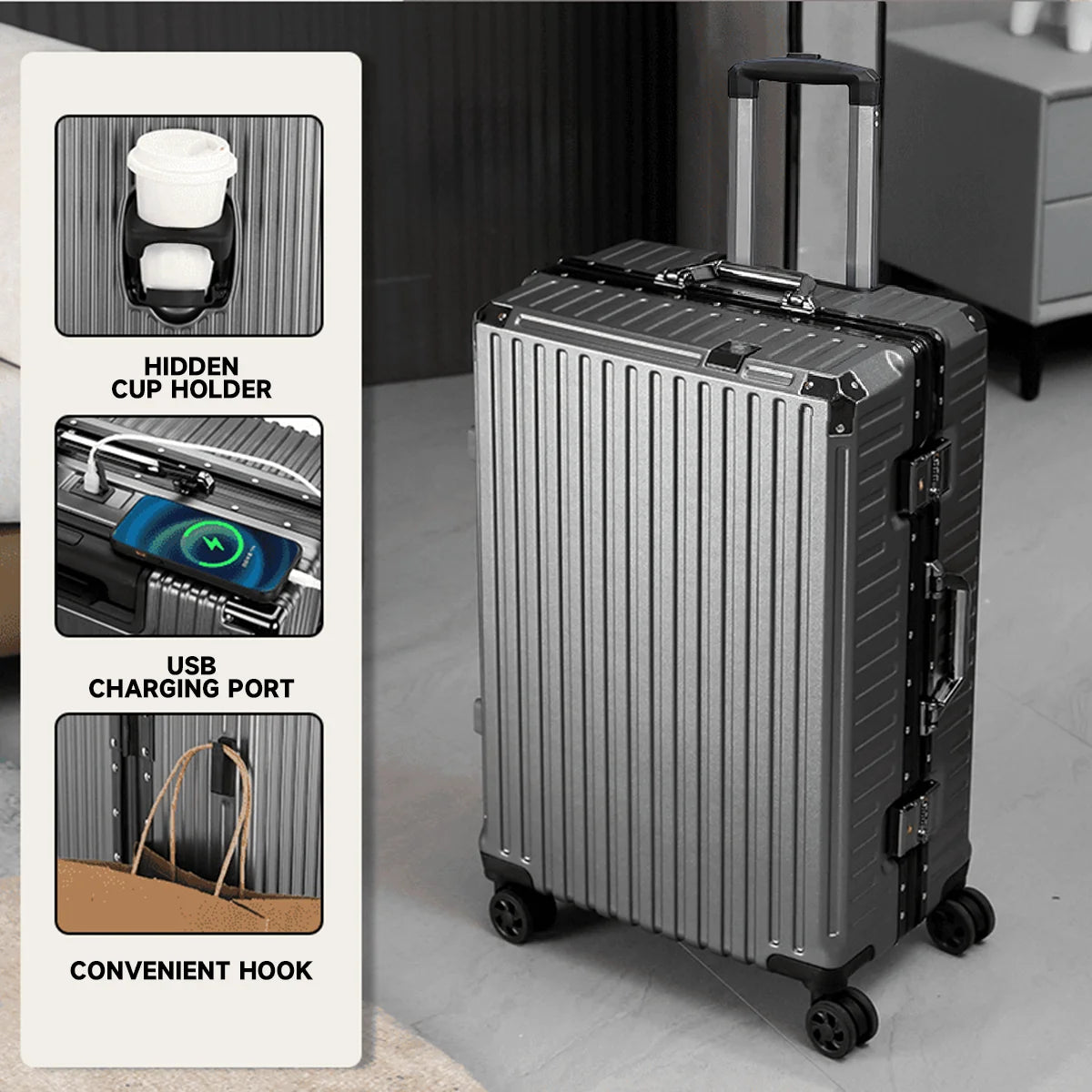 Silver suitcase with features highlighted on a white card, placed on a light gray floor.
