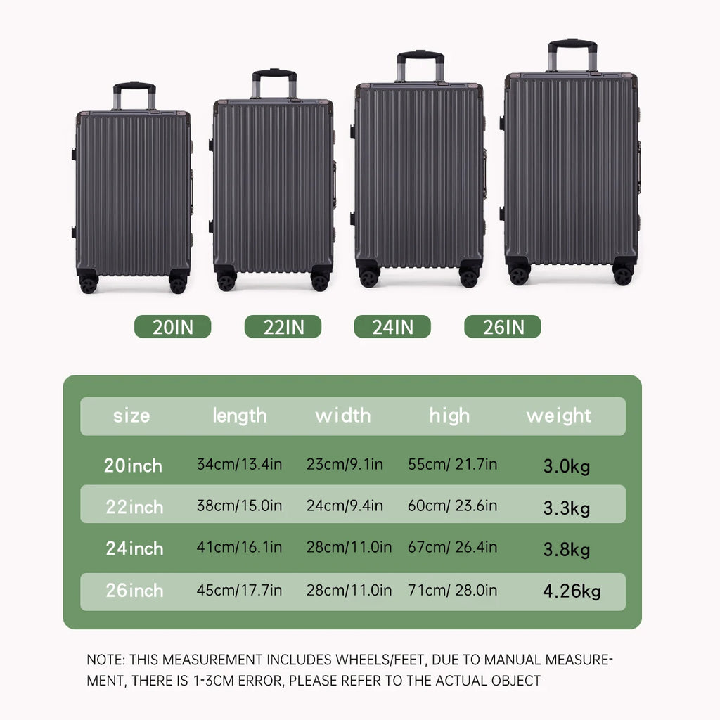 Set of four suitcases with dimensions and weights displayed on a white background