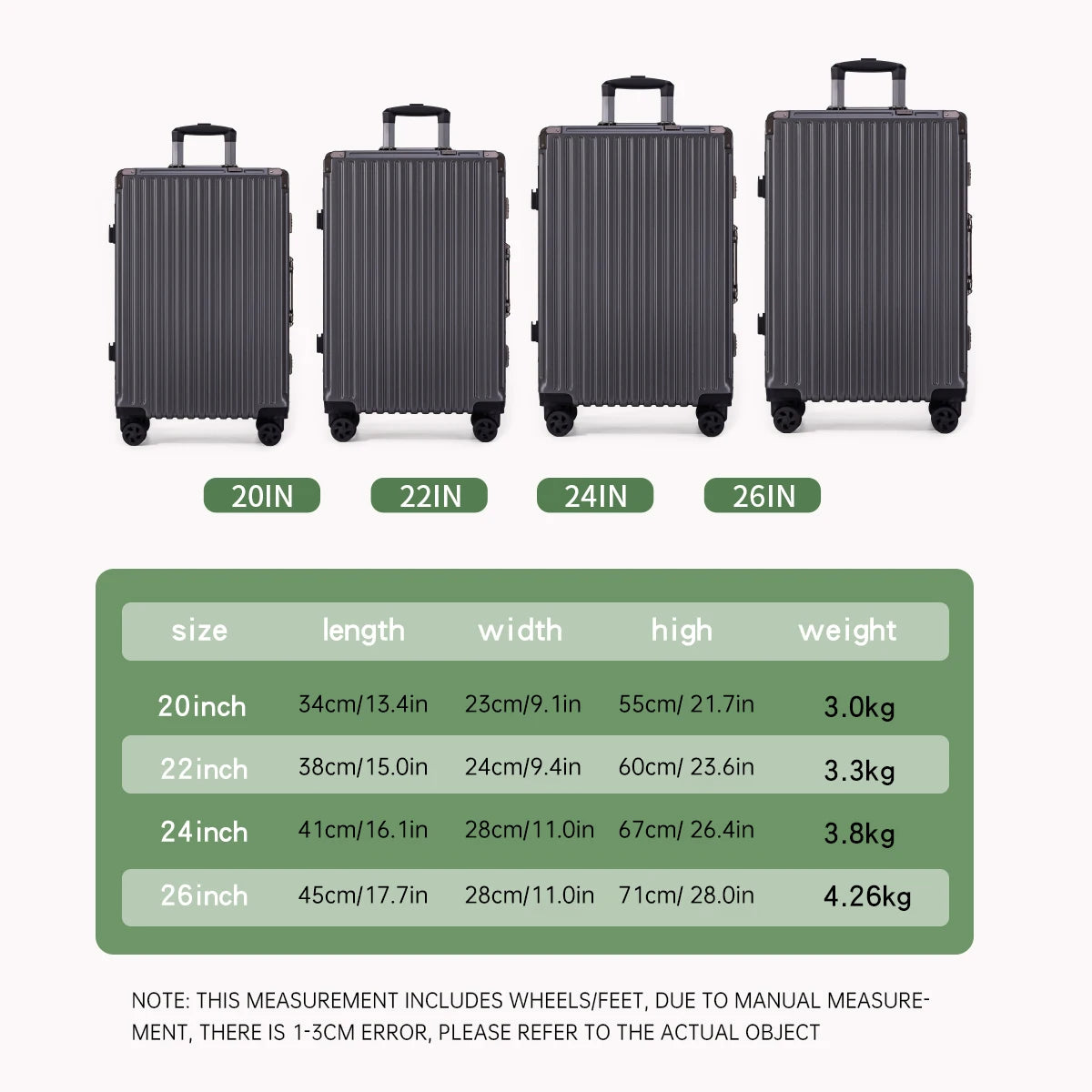 Set of four suitcases with dimensions and weights displayed on a white background