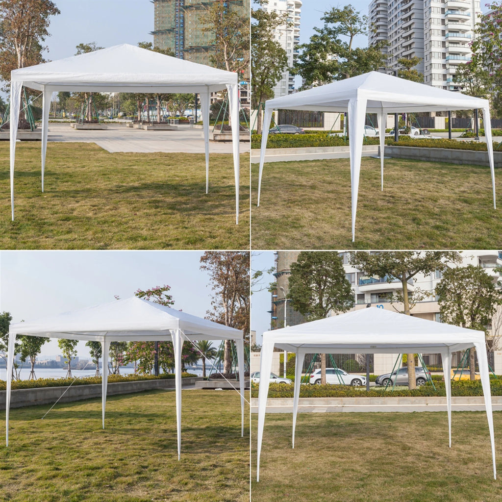 White outdoor canopy tent set up in various outdoor settings with buildings and trees in the background.