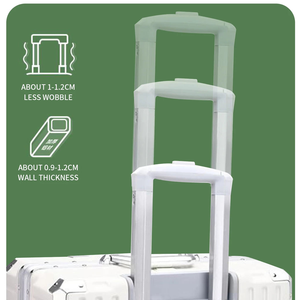 White suitcases with handles on a green background with text about wobble and wall thickness.