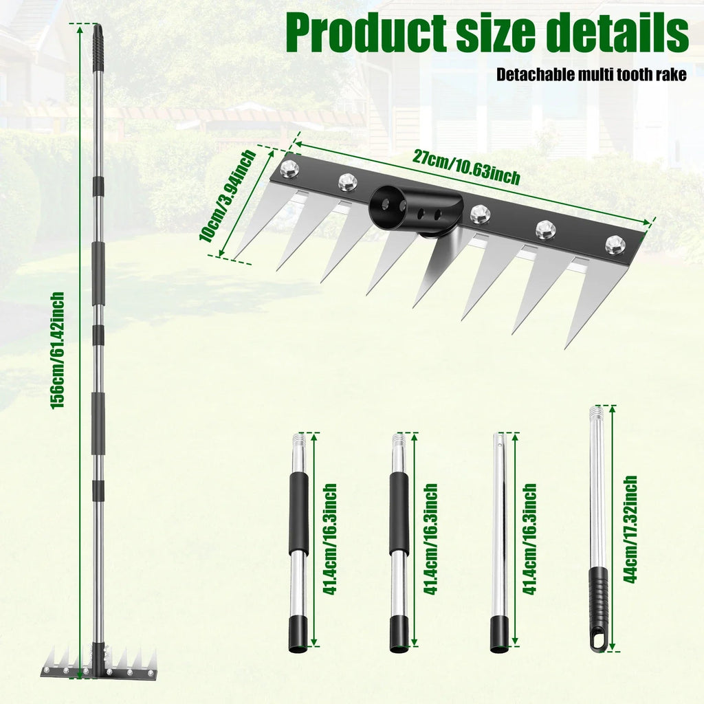 Detachable Multi-Tooth Garden Rake Hardened Manganese Steel Head 3-Length Adjustable Handle 8-Prong Design for Efficient Weeding TitanTide