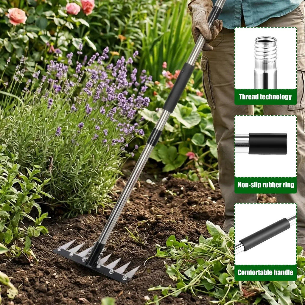 Detachable Multi-Tooth Garden Rake Hardened Manganese Steel Head 3-Length Adjustable Handle 8-Prong Design for Efficient Weeding TitanTide