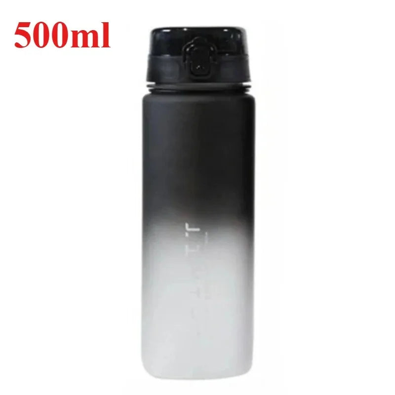 Black and white gradient water bottle with black cap, labeled 500ml on a white background.