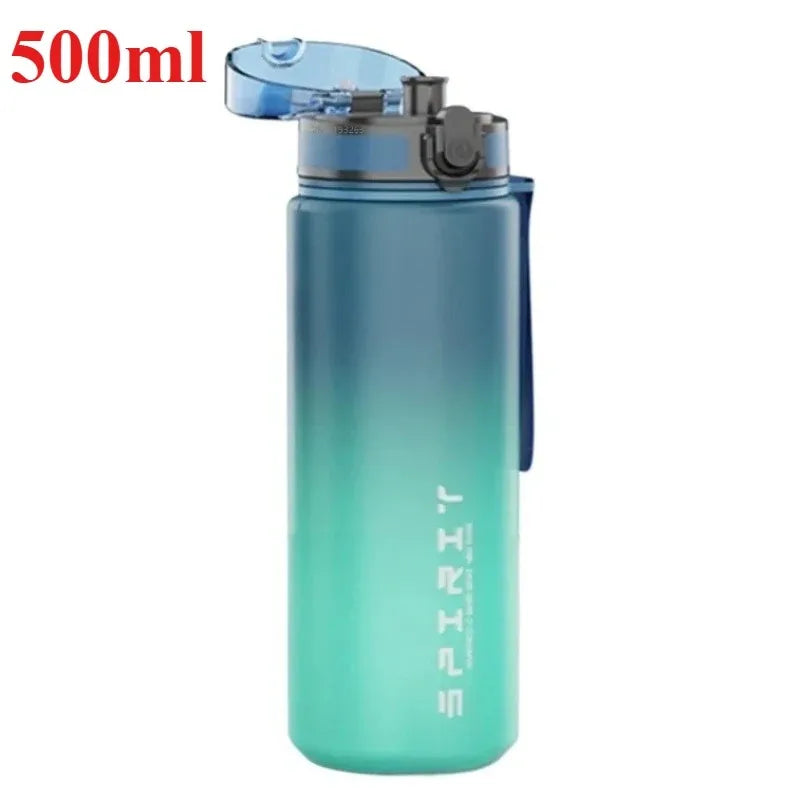 Blue water bottle with gradient design and 'SPIRIT' branding on a white background.