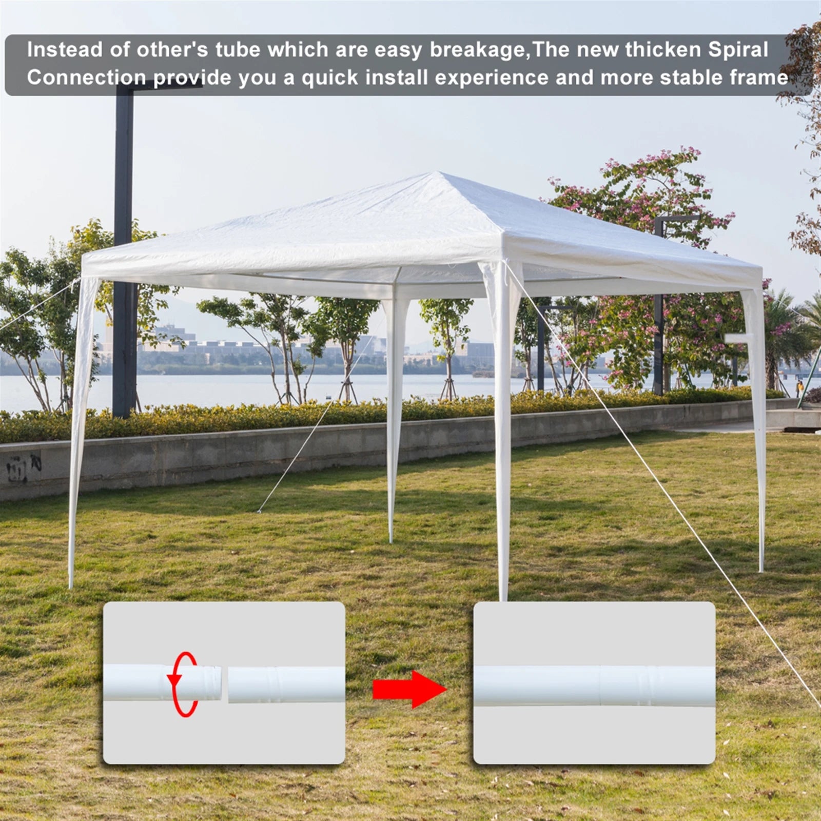 White outdoor canopy tent with thickened spiral connection feature, set up on grass with trees and water in the background.